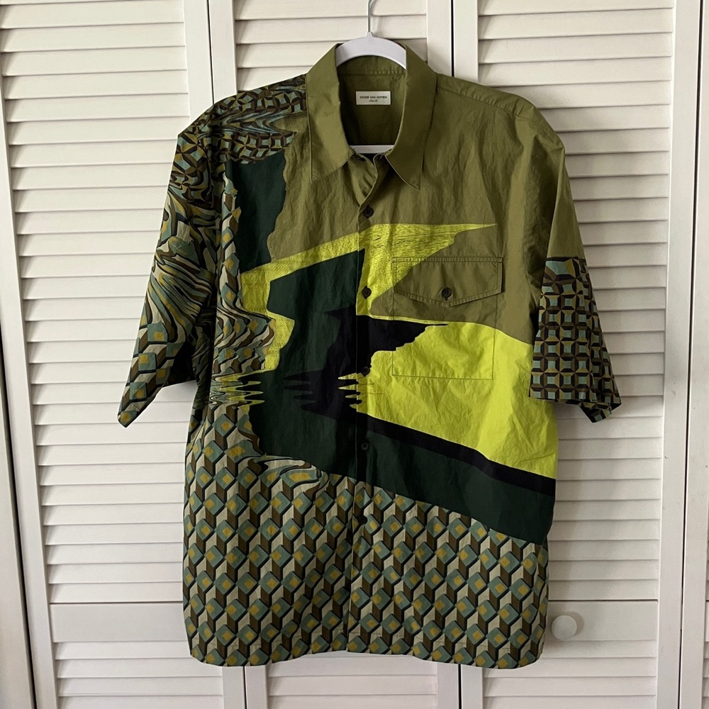 Dries Van Noten Olive, Lime & Black Short-Sleeve Panel Shirt 100% cotton size 52